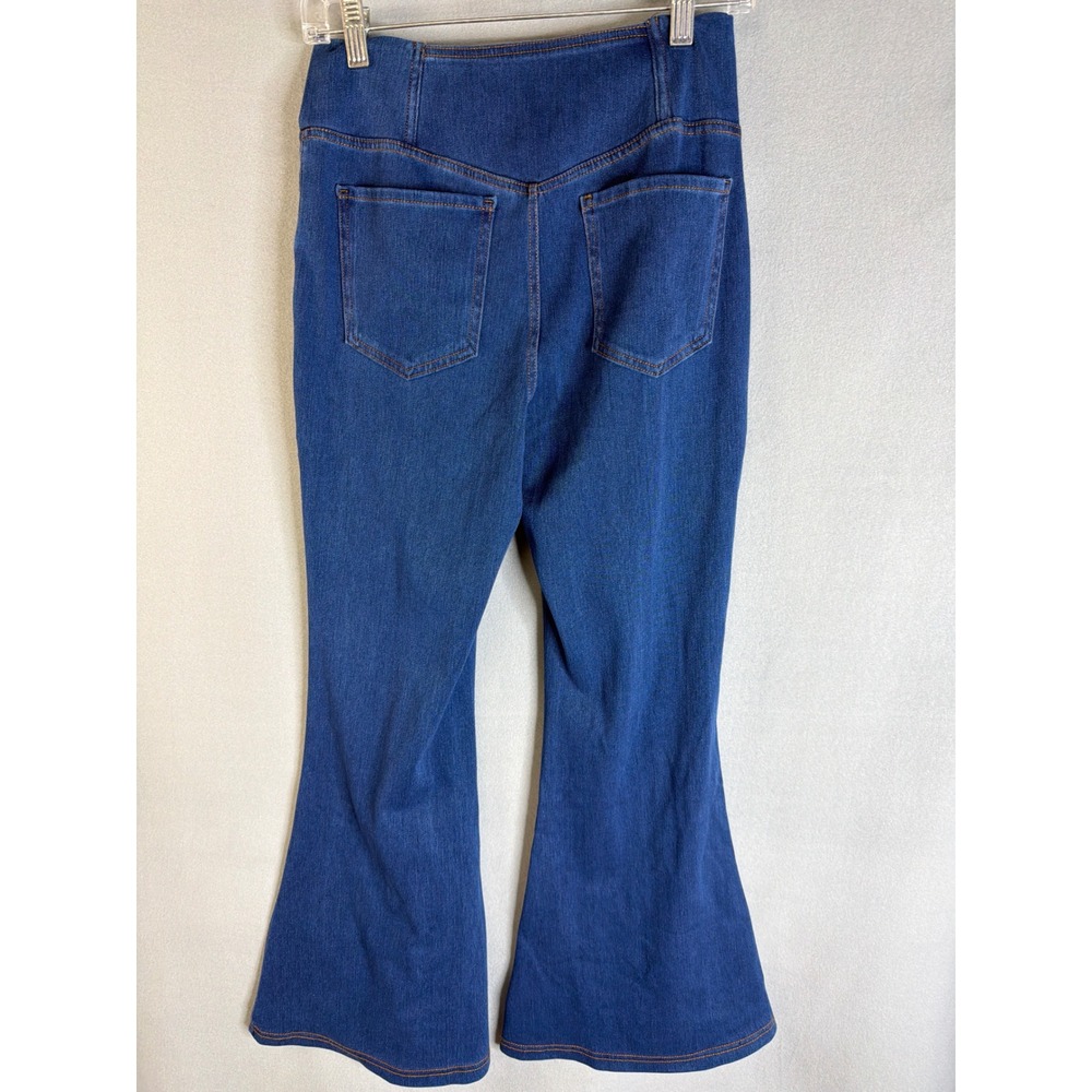 Halara Womens M Petite Flex Denim Flare Pants Blue New Crossover High Waist - Picture 3 of 9